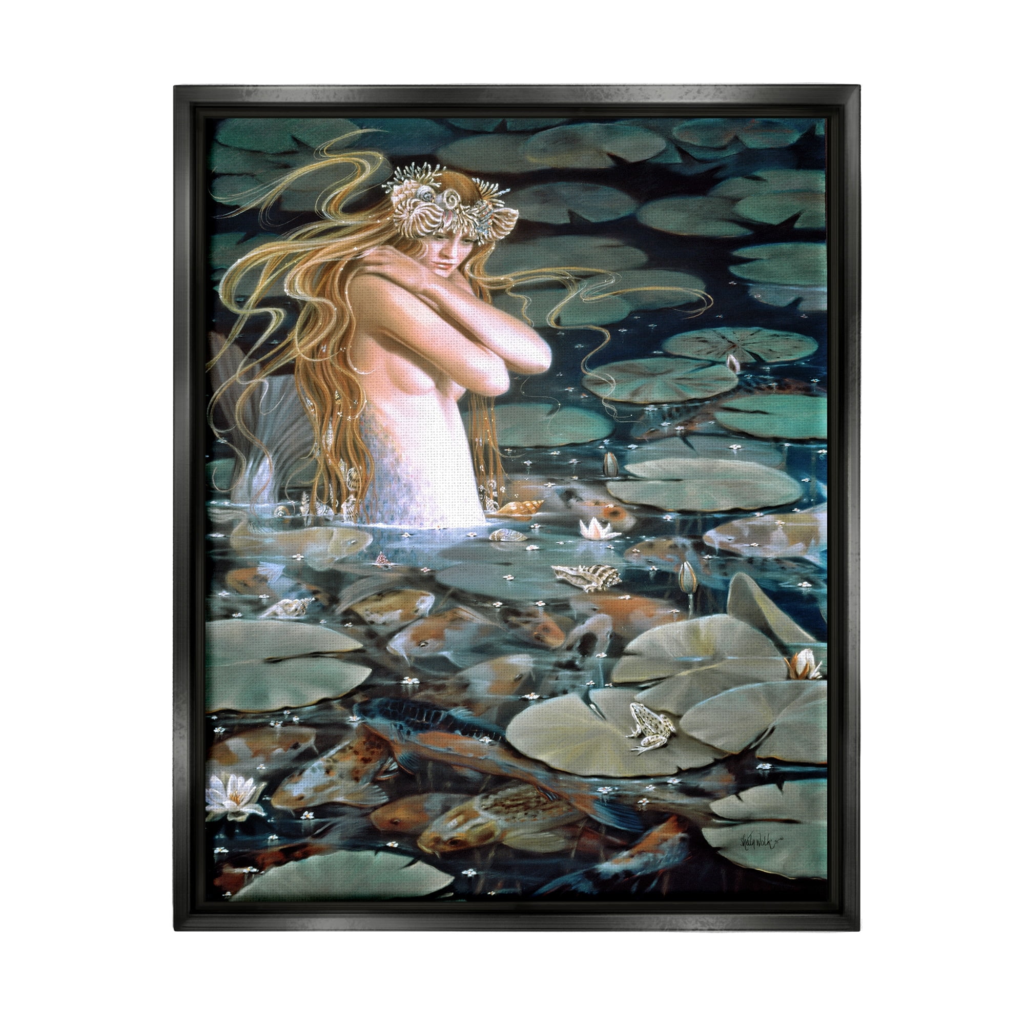 Stupell Industries Mermaid Swimming Among Water Lilies Koi Pond Painting Jet Black Floating Framed Canvas Print Wall Art, Design by Sheila Wolk