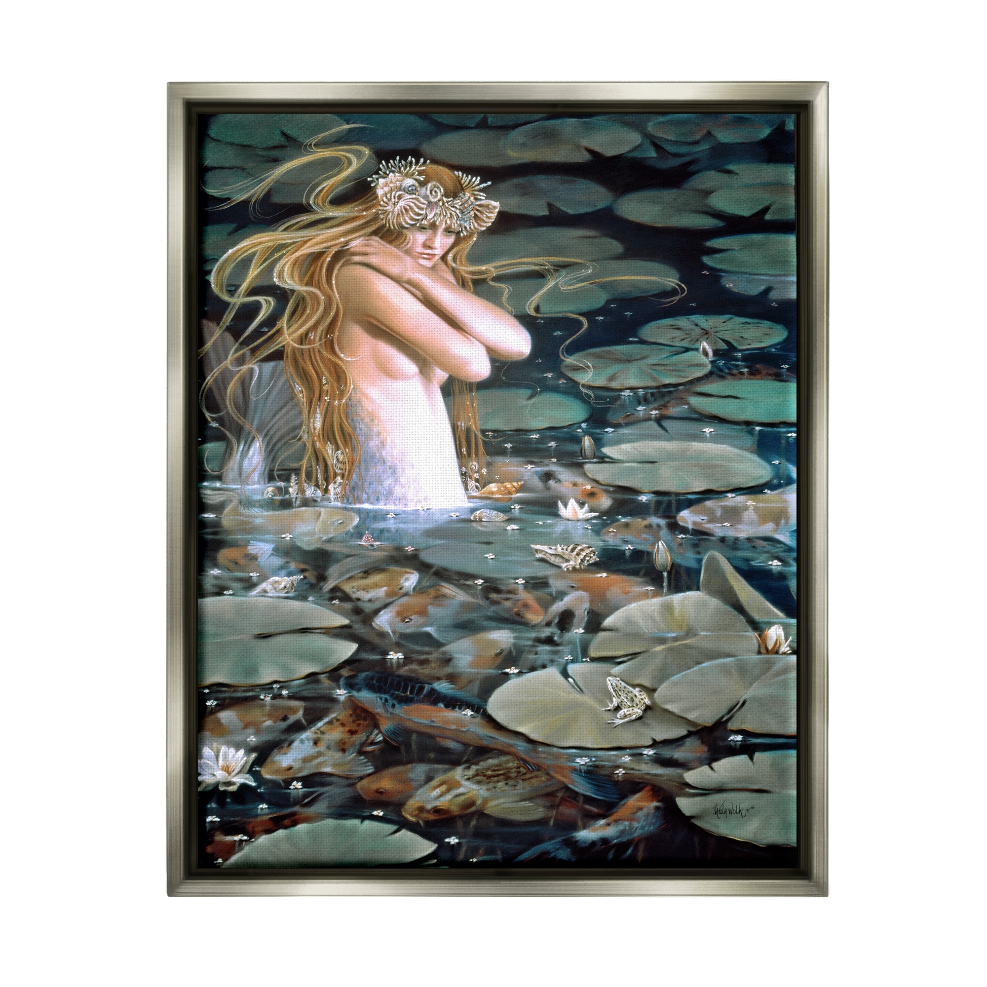 Stupell Industries Mermaid Swimming Among Water Lilies Koi Pond Painting Luster Gray Floating Framed Canvas Print Wall Art, Design by Sheila Wolk