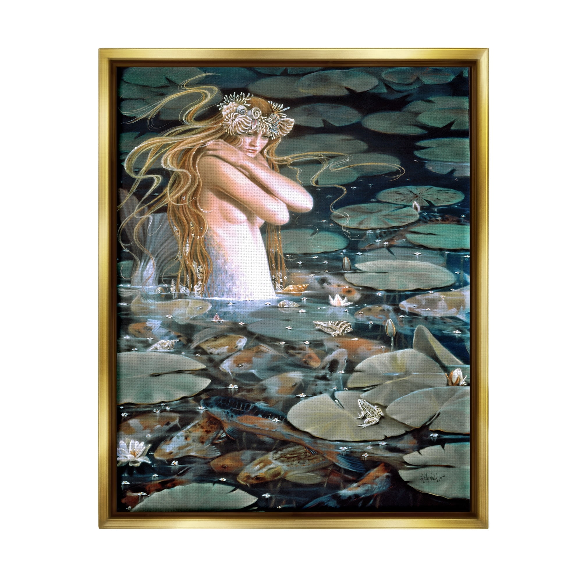 Stupell Industries Mermaid Swimming Among Water Lilies Koi Pond Painting Metallic Gold Floating Framed Canvas Print Wall Art, Design by Sheila Wolk