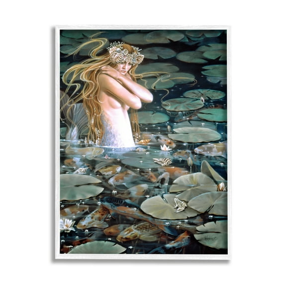 Stupell Industries Mermaid Swimming Among Water Lilies Koi Pond Painting White Framed Art Print Wall Art, Design by Sheila Wolk