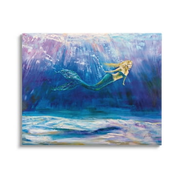 Stupell Industries Mermaid Swimming Deep Blue Ocean Water Painting Gallery Wrapped Canvas Print Wall Art, Design by Jeanette Vertentes