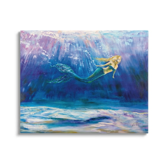 Stupell Industries Mermaid Swimming Deep Blue Ocean Water Painting Gallery Wrapped Canvas Print Wall Art, Design by Jeanette Vertentes