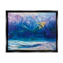 Stupell Industries Mermaid Swimming Deep Blue Ocean Water Painting Jet Black Floating Framed Canvas Print Wall Art, Design by Jeanette Vertentes