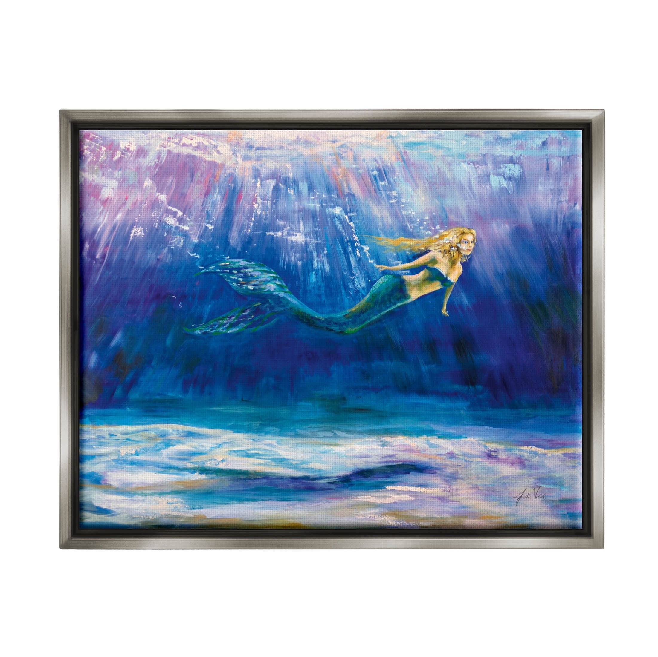 Stupell Industries Mermaid Swimming Deep Blue Ocean Water Painting Luster Gray Floating Framed Canvas Print Wall Art, Design by Jeanette Vertentes