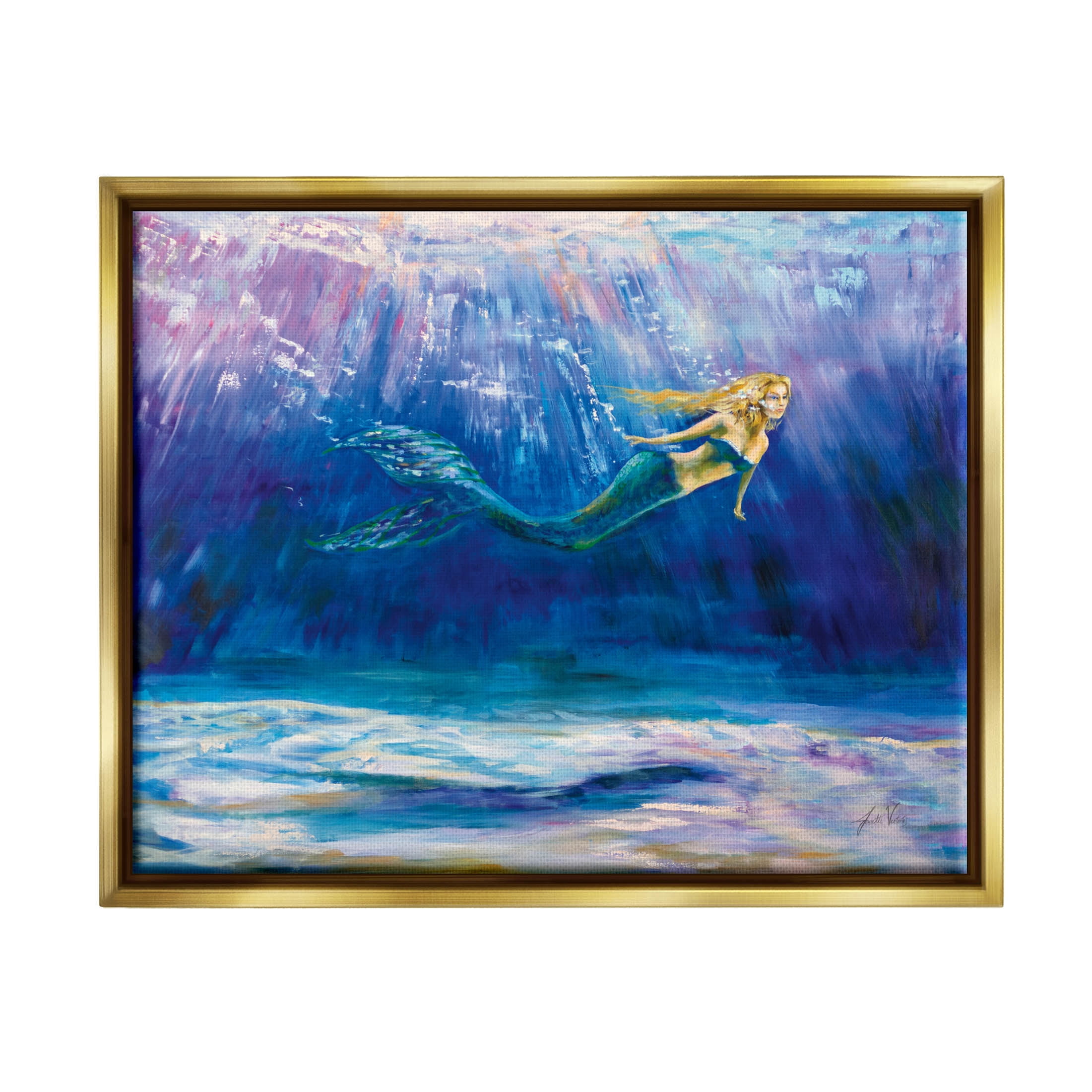 Stupell Industries Mermaid Swimming Deep Blue Ocean Water Painting Metallic Gold Floating Framed Canvas Print Wall Art, Design by Jeanette Vertentes