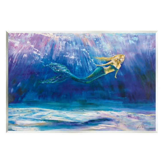 Stupell Industries Mermaid Swimming Deep Blue Ocean Water Painting Unframed Art Print Wall Art, Design by Jeanette Vertentes