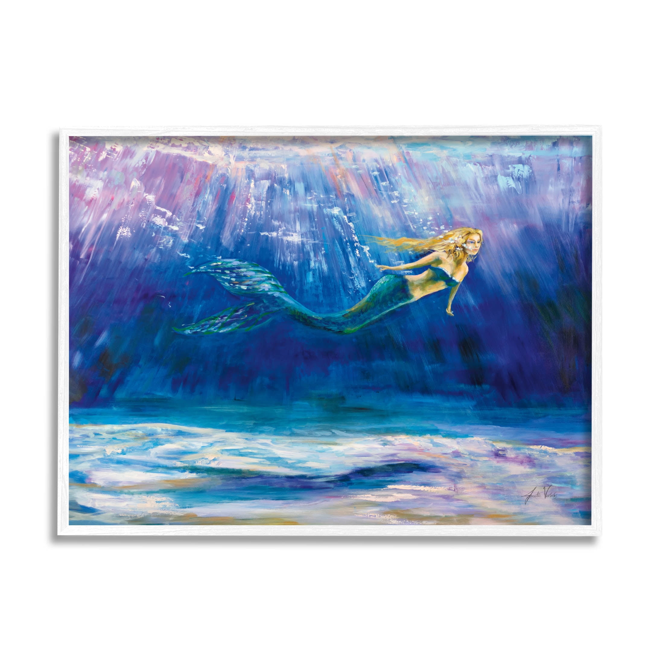 Stupell Industries Mermaid Swimming Deep Blue Ocean Water Painting White Framed Art Print Wall Art, Design by Jeanette Vertentes