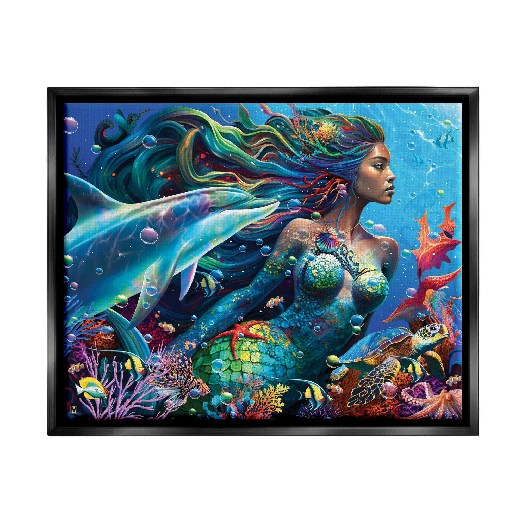 Stupell Industries Mermaid Underwater Sea Life Fairy Tales & Fantasy Painting Black Floater Framed Art Print Wall Art, 21 x 17