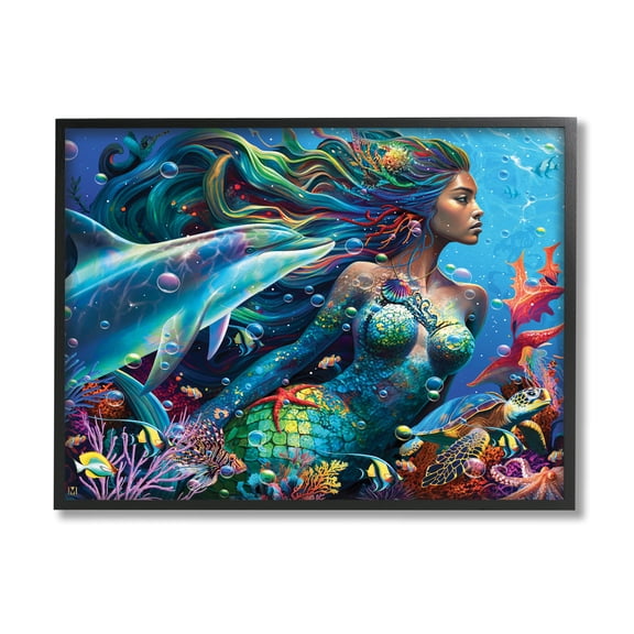 Stupell Industries Mermaid Underwater Sea Life Fairy Tales & Fantasy Painting Black Framed Art Print Wall Art, 20 x 16