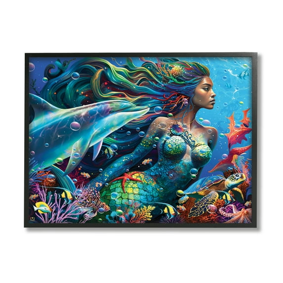Stupell Industries Mermaid Underwater Sea Life Fairy Tales & Fantasy Painting Black Framed Art Print Wall Art, 30 x 24