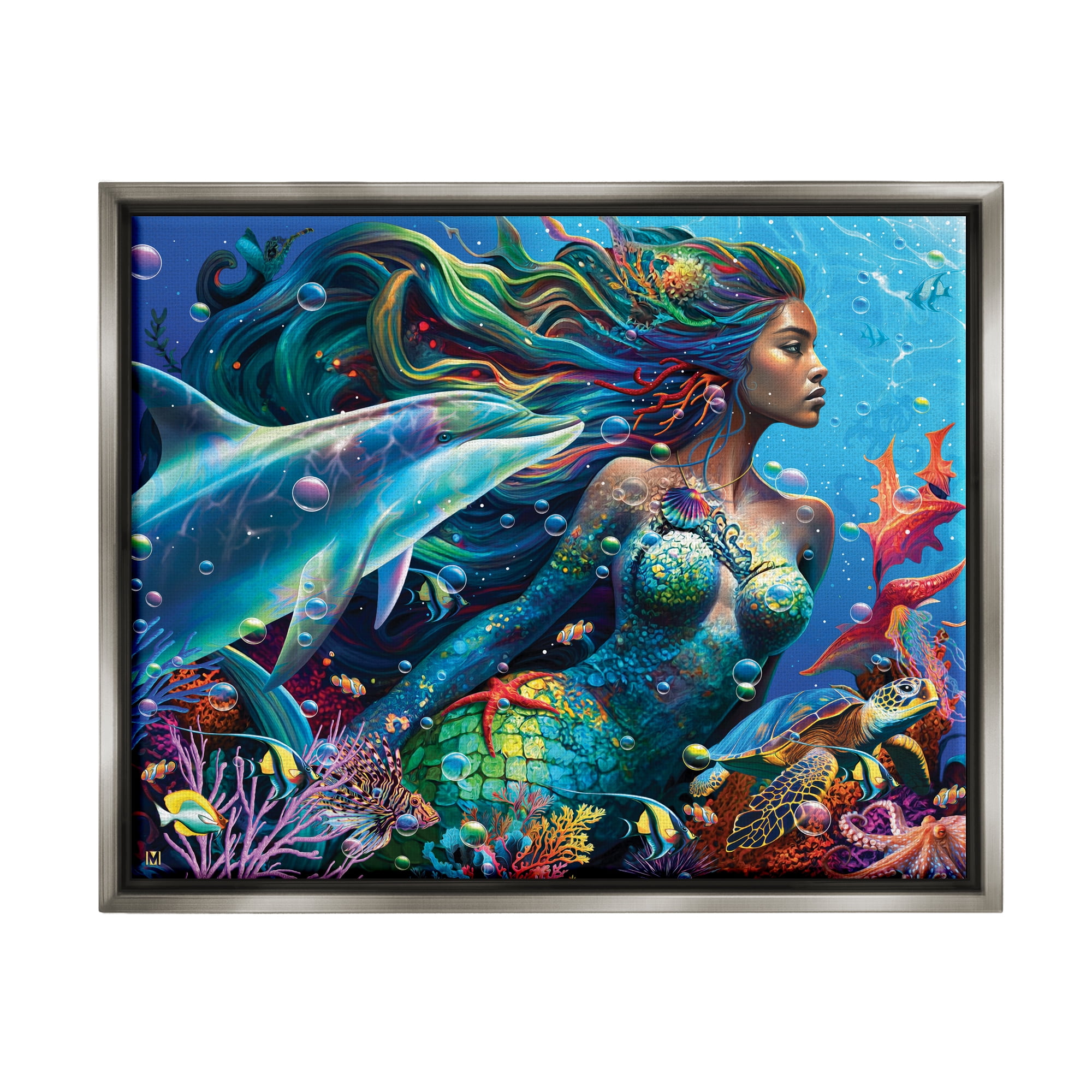 Stupell Industries Mermaid Underwater Sea Life Fairy Tales & Fantasy Painting Gray Floater Framed Art Print Wall Art, 31 x 25