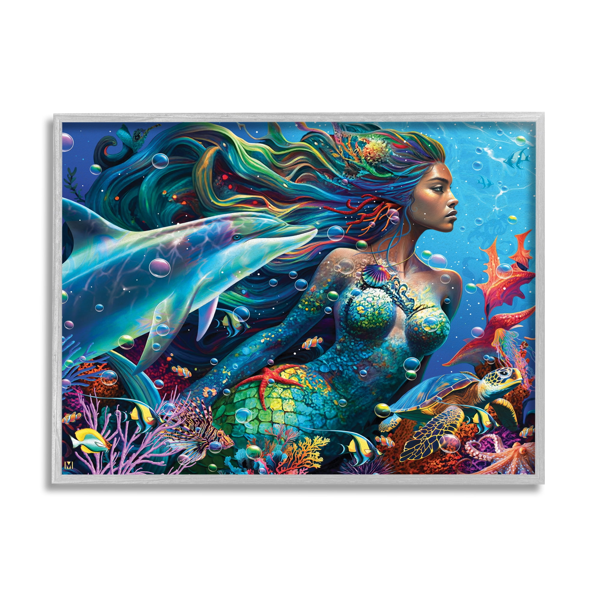 Stupell Industries Mermaid Underwater Sea Life Fairy Tales & Fantasy Painting Gray Framed Art Print Wall Art, 14 x 11