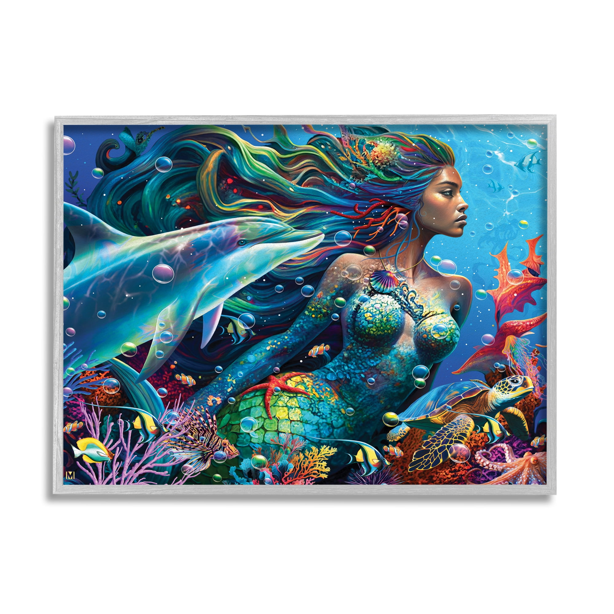 Stupell Industries Mermaid Underwater Sea Life Fairy Tales & Fantasy Painting Gray Framed Art Print Wall Art, 20 x 16
