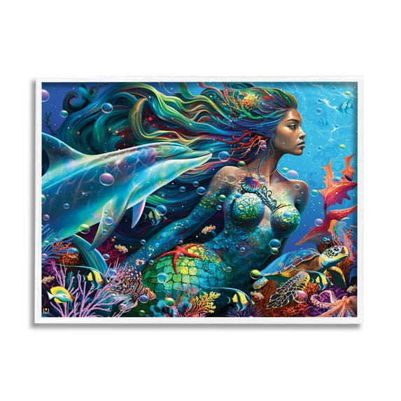 Stupell Industries Mermaid Underwater Sea Life Fairy Tales & Fantasy Painting White Framed Art Print Wall Art, 30 x 24