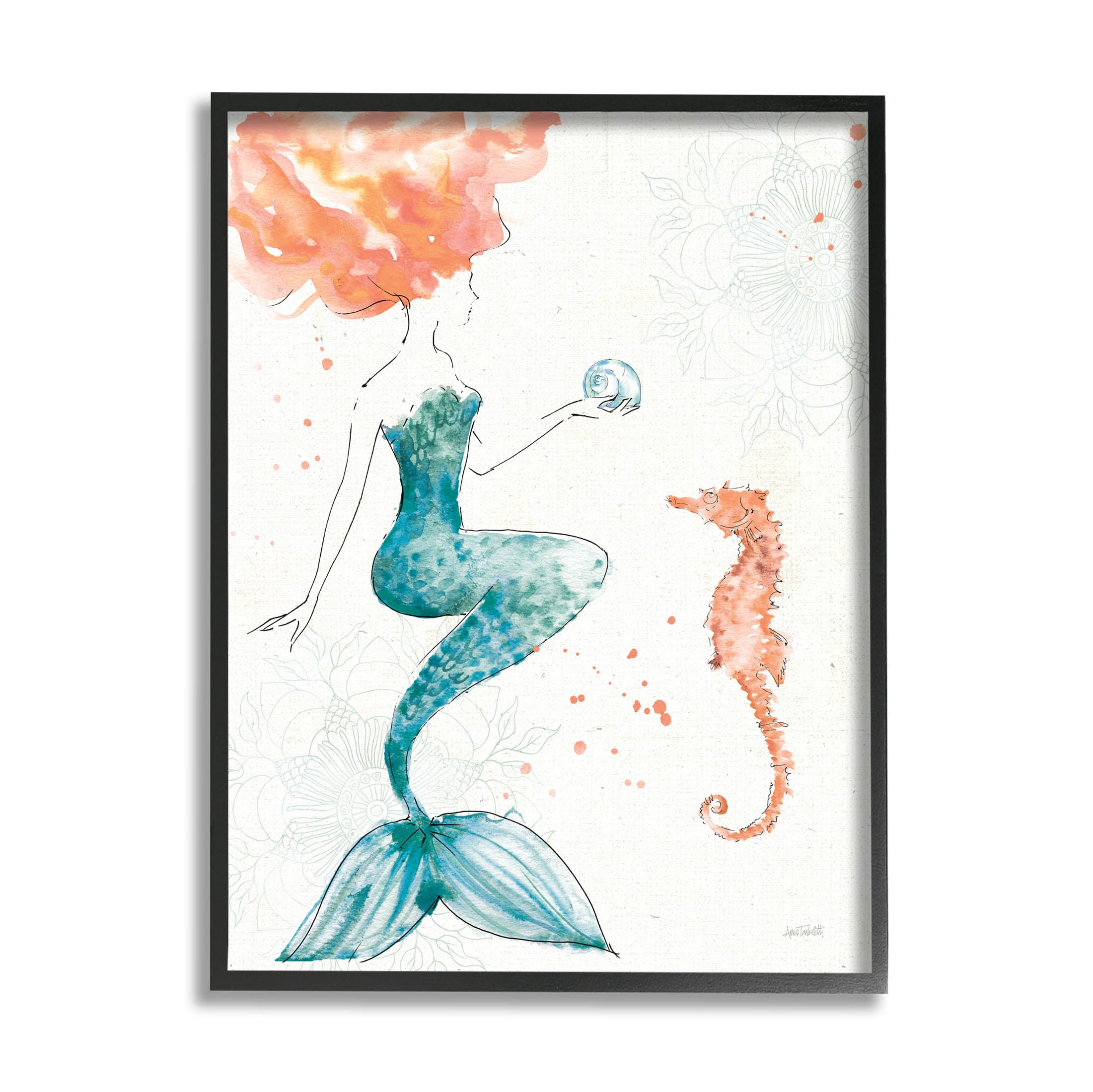 Stupell Industries Mermaid and Ocean Seahorse Graphic Art Black Framed Art Print Wall Art, Design by Anne Tavoletti