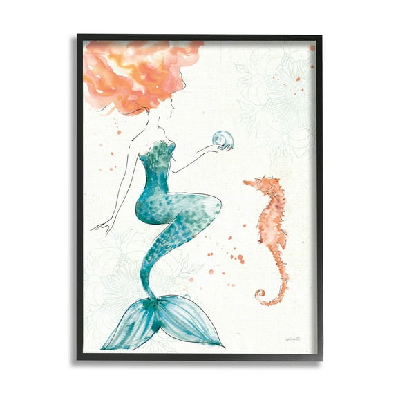 Stupell Industries Mermaid and Ocean Seahorse Graphic Art Black Framed Art Print Wall Art, Design by Anne Tavoletti