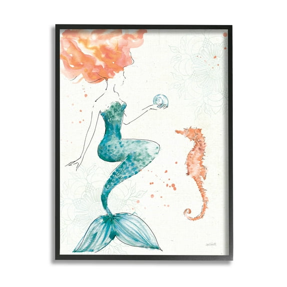 Stupell Industries Mermaid and Ocean Seahorse Graphic Art Black Framed Art Print Wall Art, Design by Anne Tavoletti