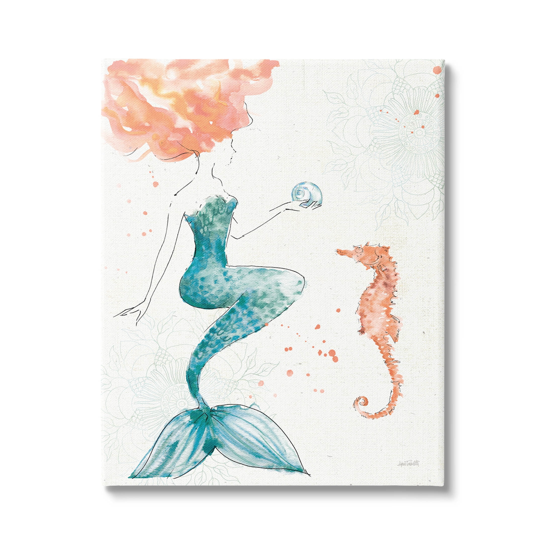 Stupell Industries Mermaid and Ocean Seahorse Graphic Art Gallery Wrapped Canvas Print Wall Art, Design by Anne Tavoletti