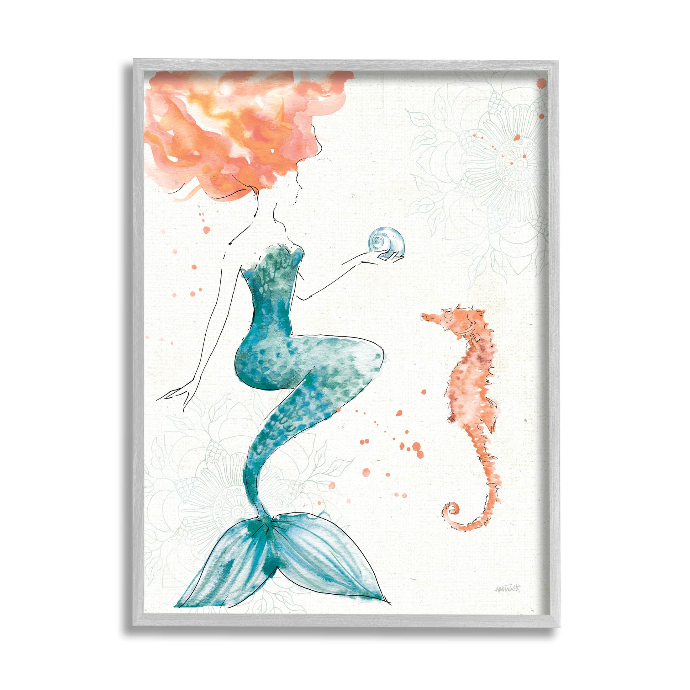 Stupell Industries Mermaid and Ocean Seahorse Graphic Art Gray Framed Art Print Wall Art, Design by Anne Tavoletti