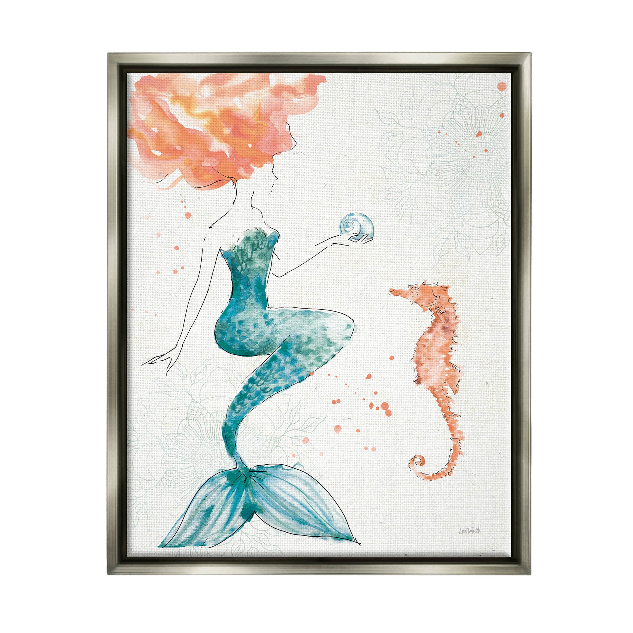 Stupell Industries Mermaid and Ocean Seahorse Graphic Art Luster Gray Floating Framed Canvas Print Wall Art, Design by Anne Tavoletti