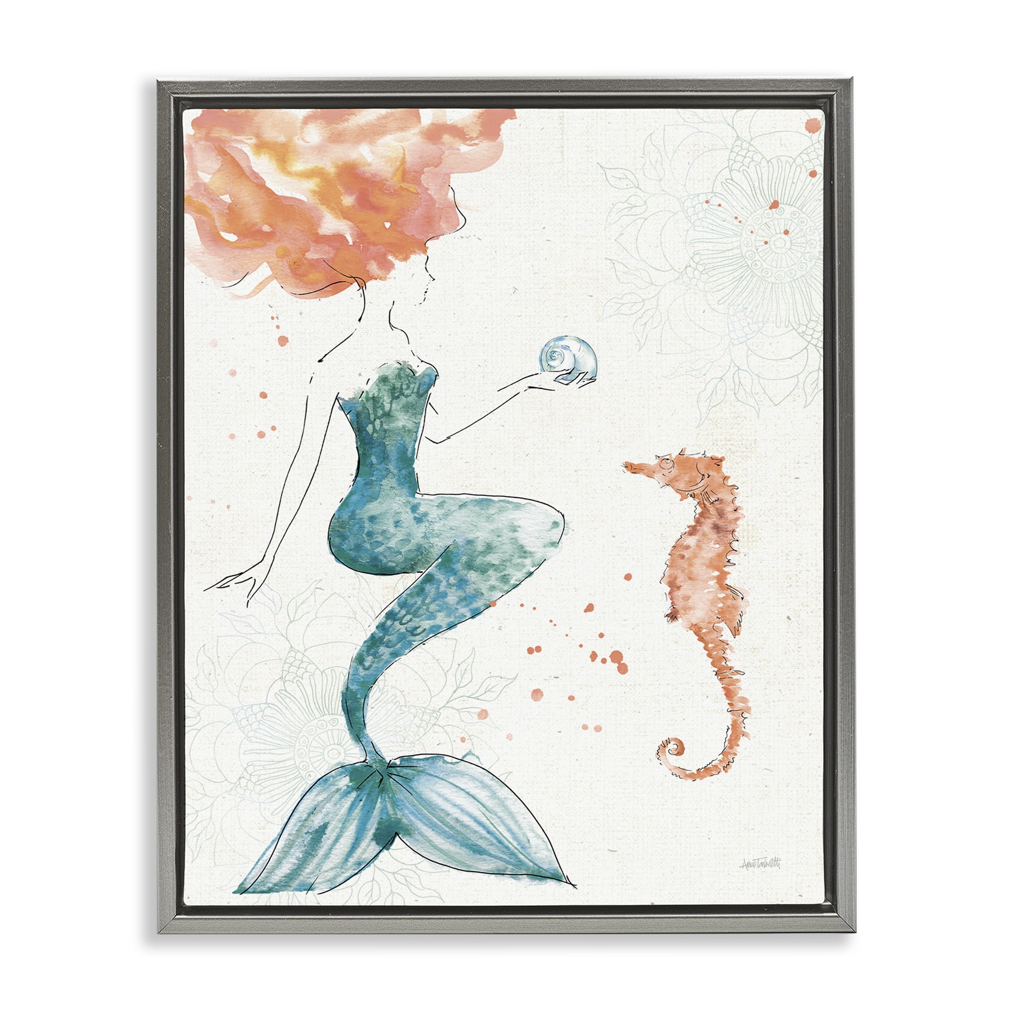 Stupell Industries Mermaid and Ocean Seahorse Graphic Art Luster Gray Floating Framed Canvas Print Wall Art, Design by Anne Tavoletti