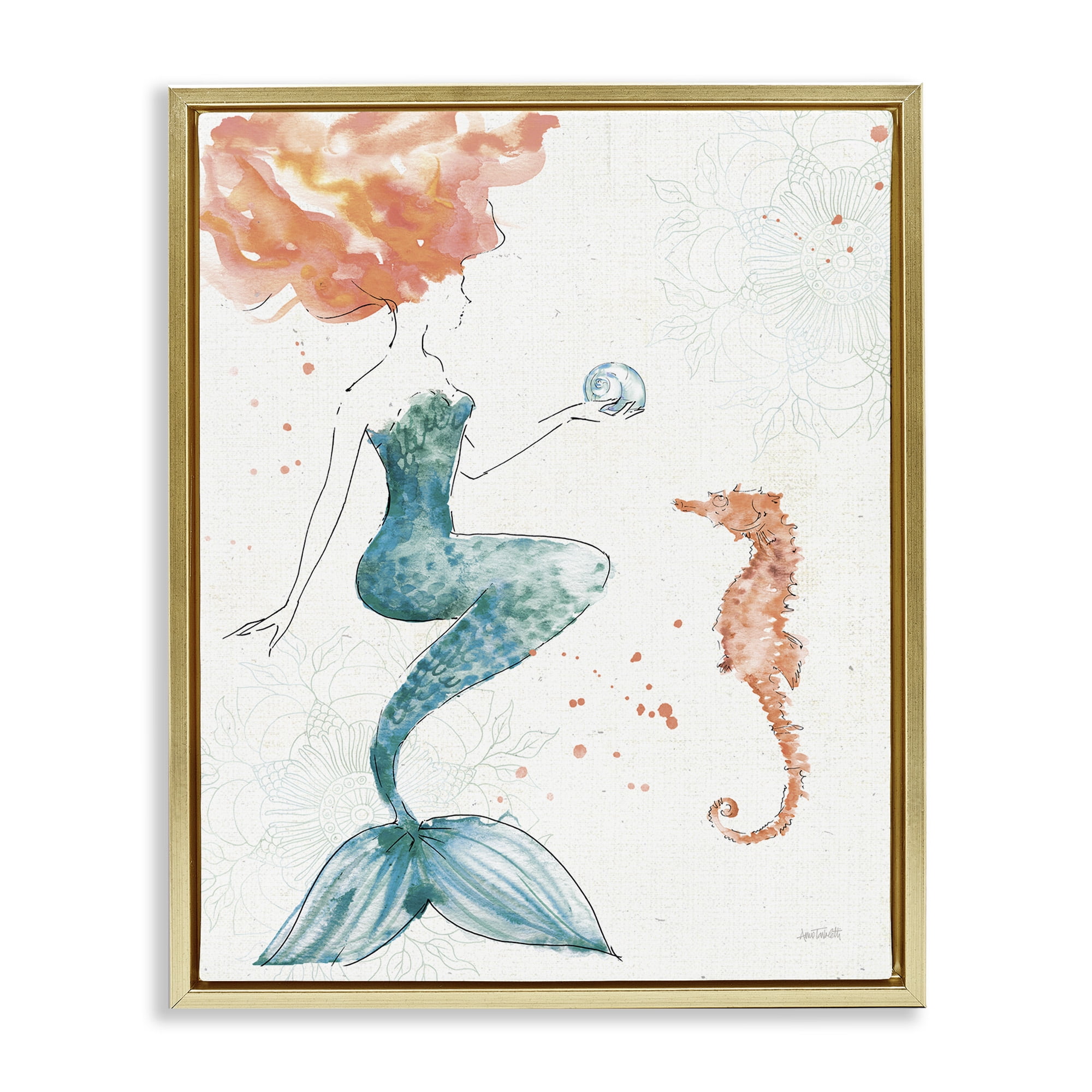 Stupell Industries Mermaid and Ocean Seahorse Graphic Art Metallic Gold Floating Framed Canvas Print Wall Art, Design by Anne Tavoletti