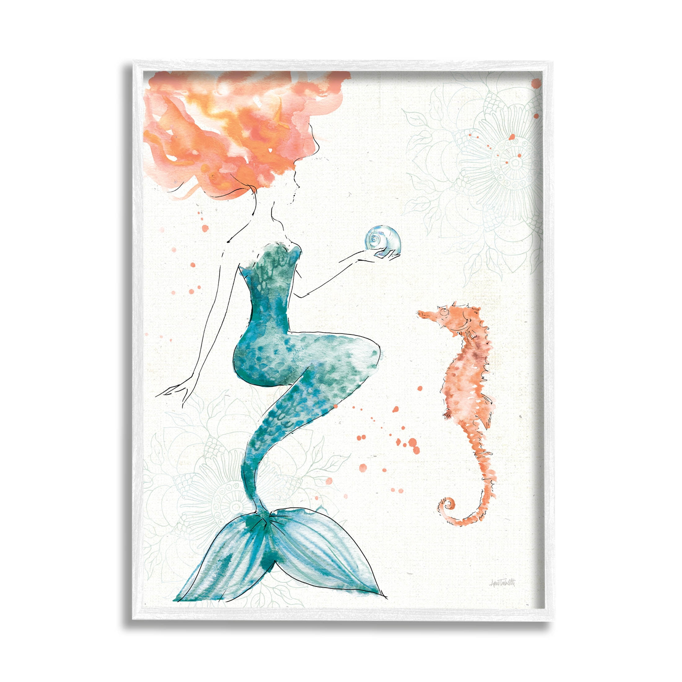 Stupell Industries Mermaid and Ocean Seahorse Graphic Art White Framed Art Print Wall Art, Design by Anne Tavoletti