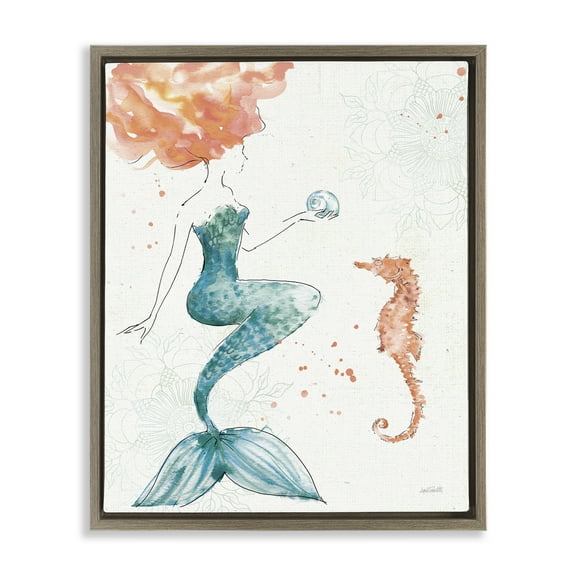 Stupell Industries Mermaid and Ocean Seahorse Nature Painting Brown Floater Framed Canvas Art Print Wall Art, 17 x 21