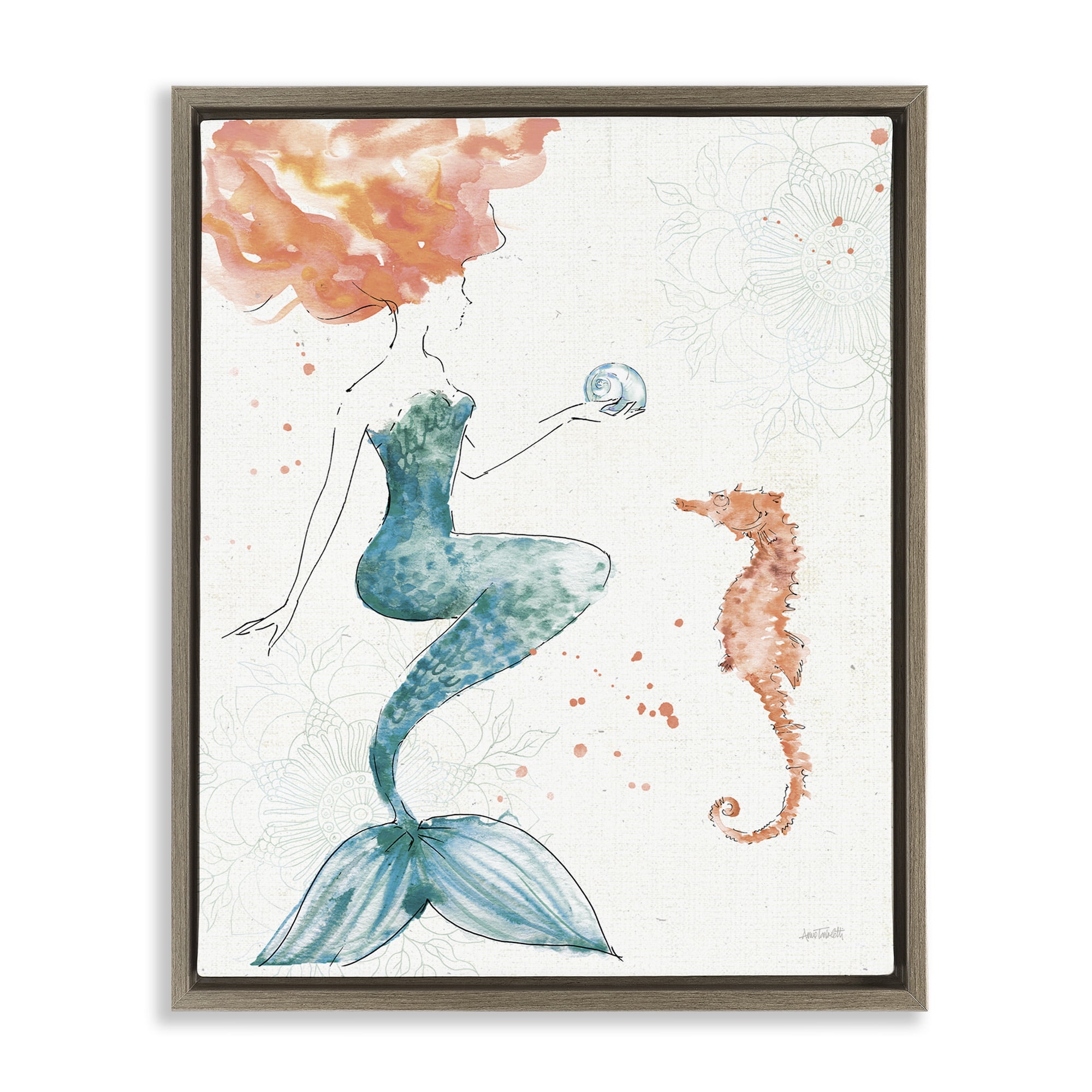Stupell Industries Mermaid and Ocean Seahorse Nature Painting Brown Floater Framed Canvas Art Print Wall Art, 25 x 31