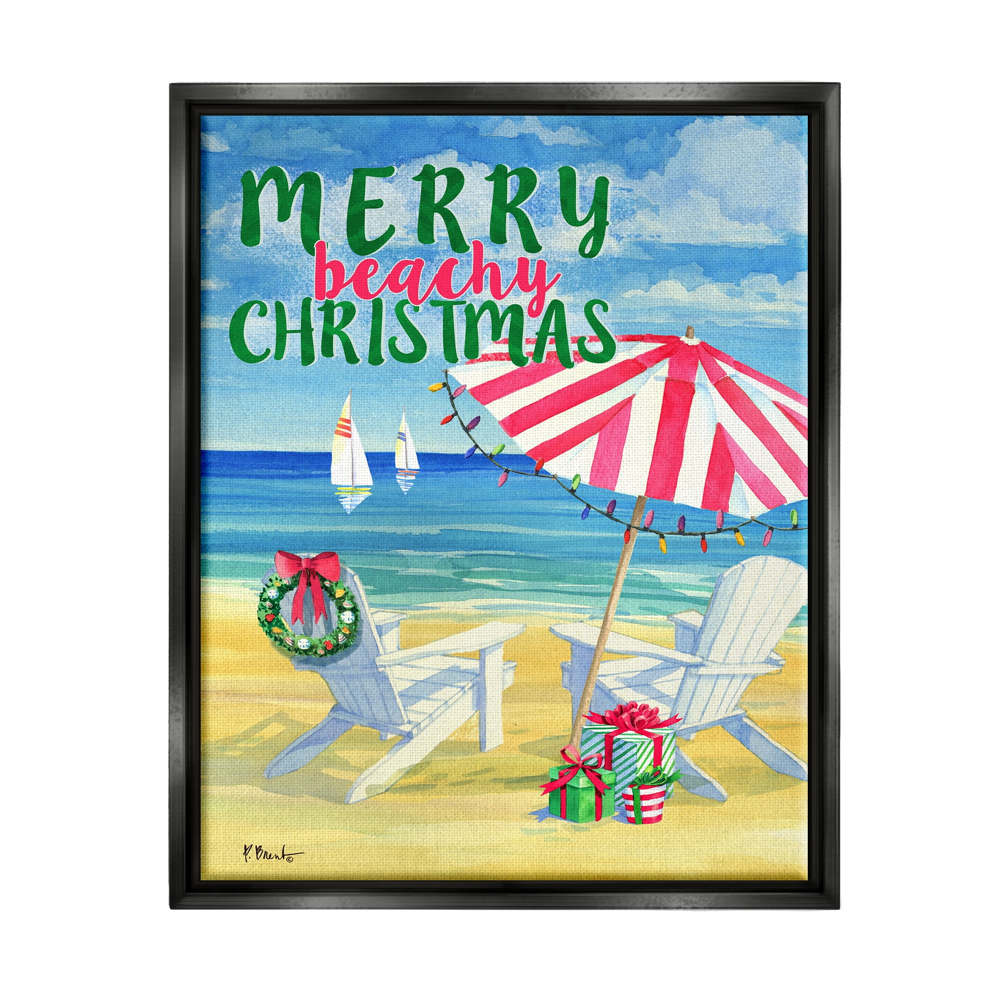 Stupell Industries Merry Beachy Christmas Holiday Painting Black Floater Framed Art Print Wall Art, 25 x 31