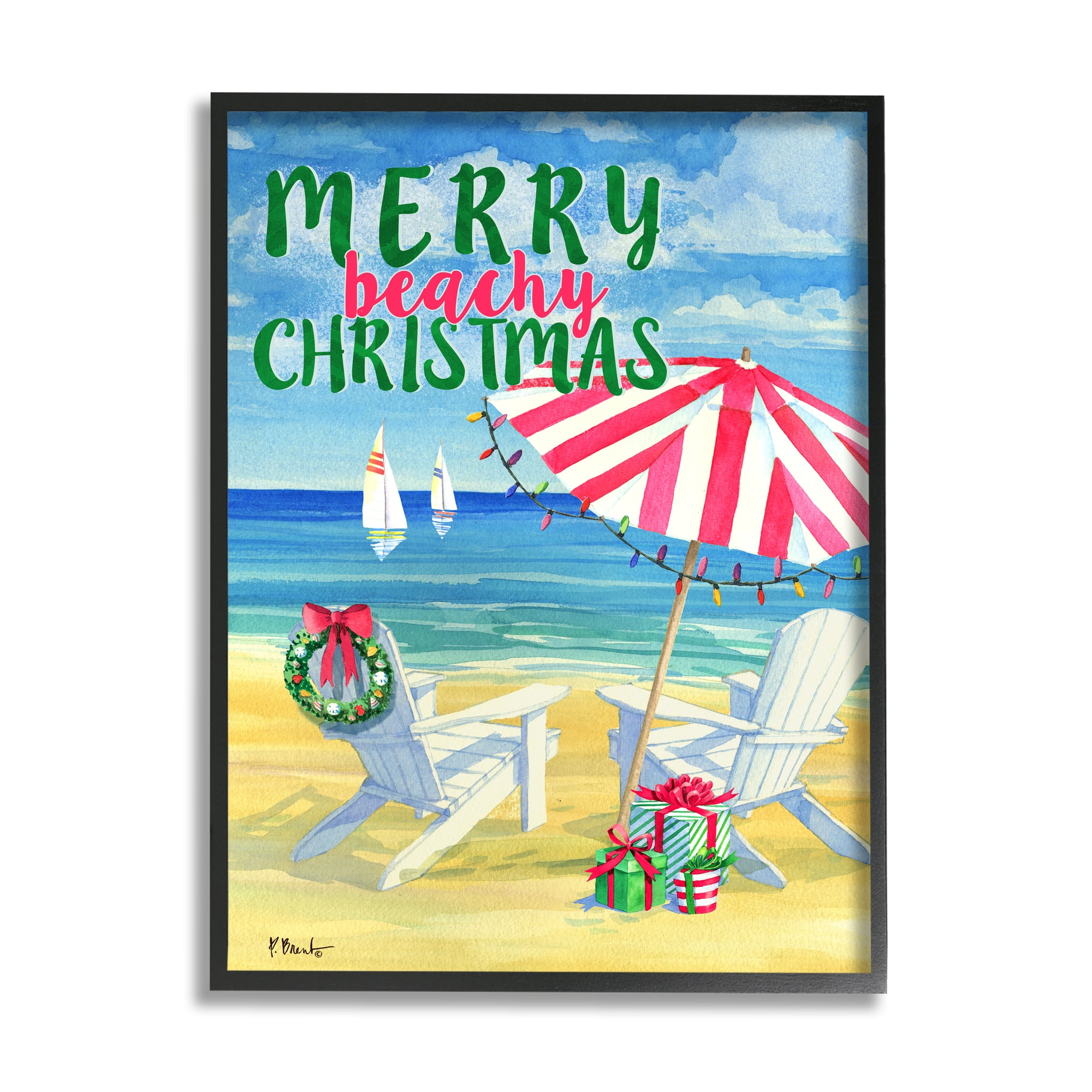 Stupell Industries Merry Beachy Christmas Holiday Painting Black Framed Art Print Wall Art, 16 x 20