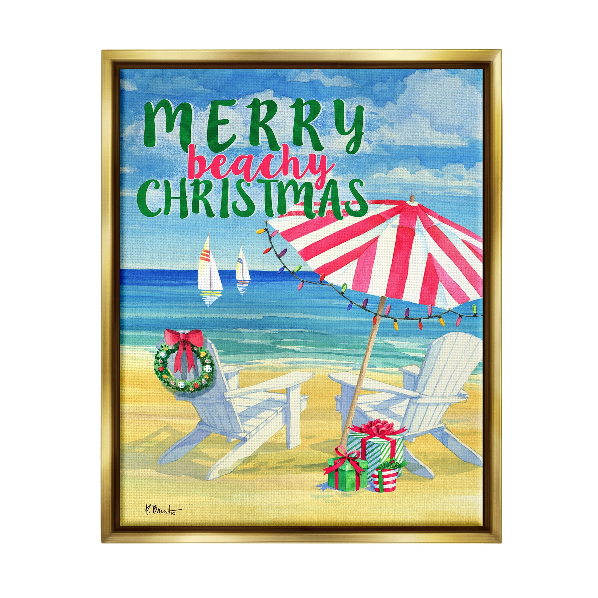 Stupell Industries Merry Beachy Christmas Holiday Painting Gold Floater Framed Art Print Wall Art, 17 x 21