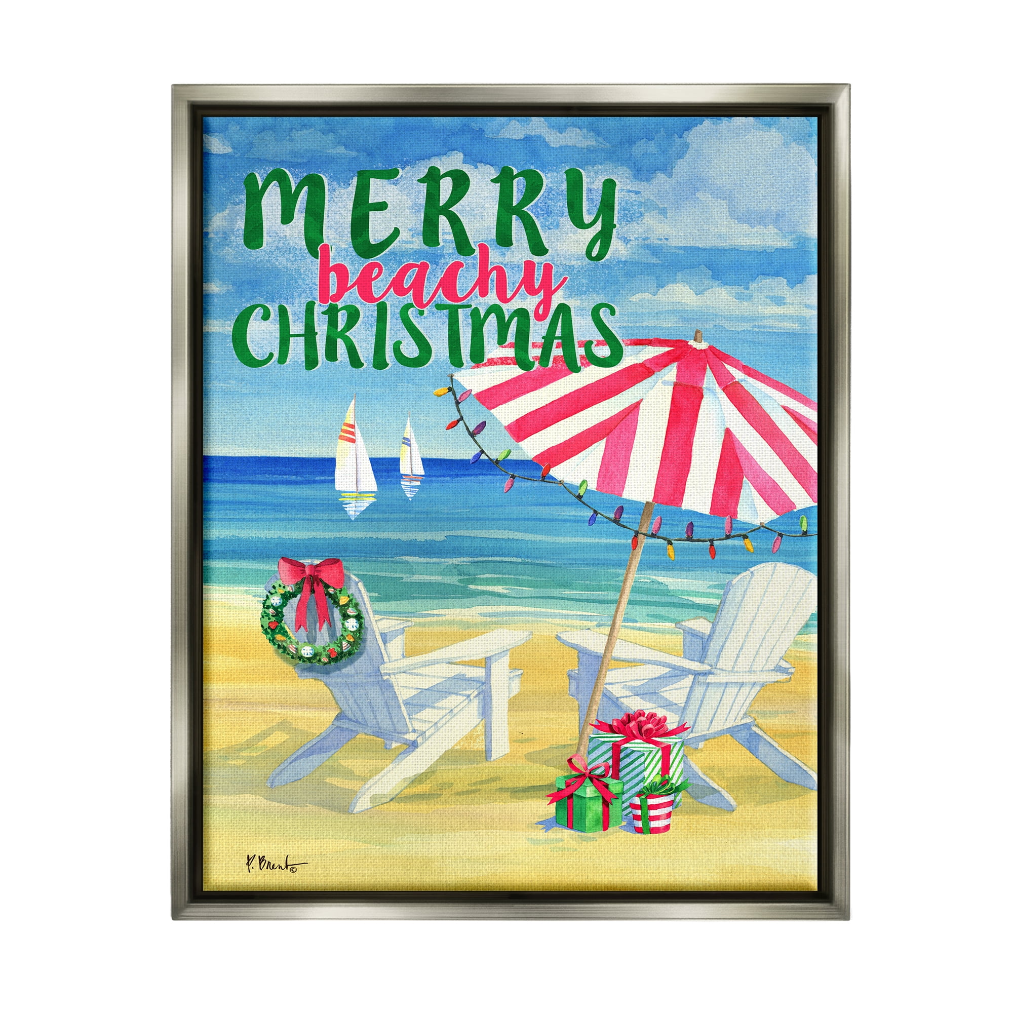 Stupell Industries Merry Beachy Christmas Holiday Painting Gray Floater Framed Art Print Wall Art, 17 x 21