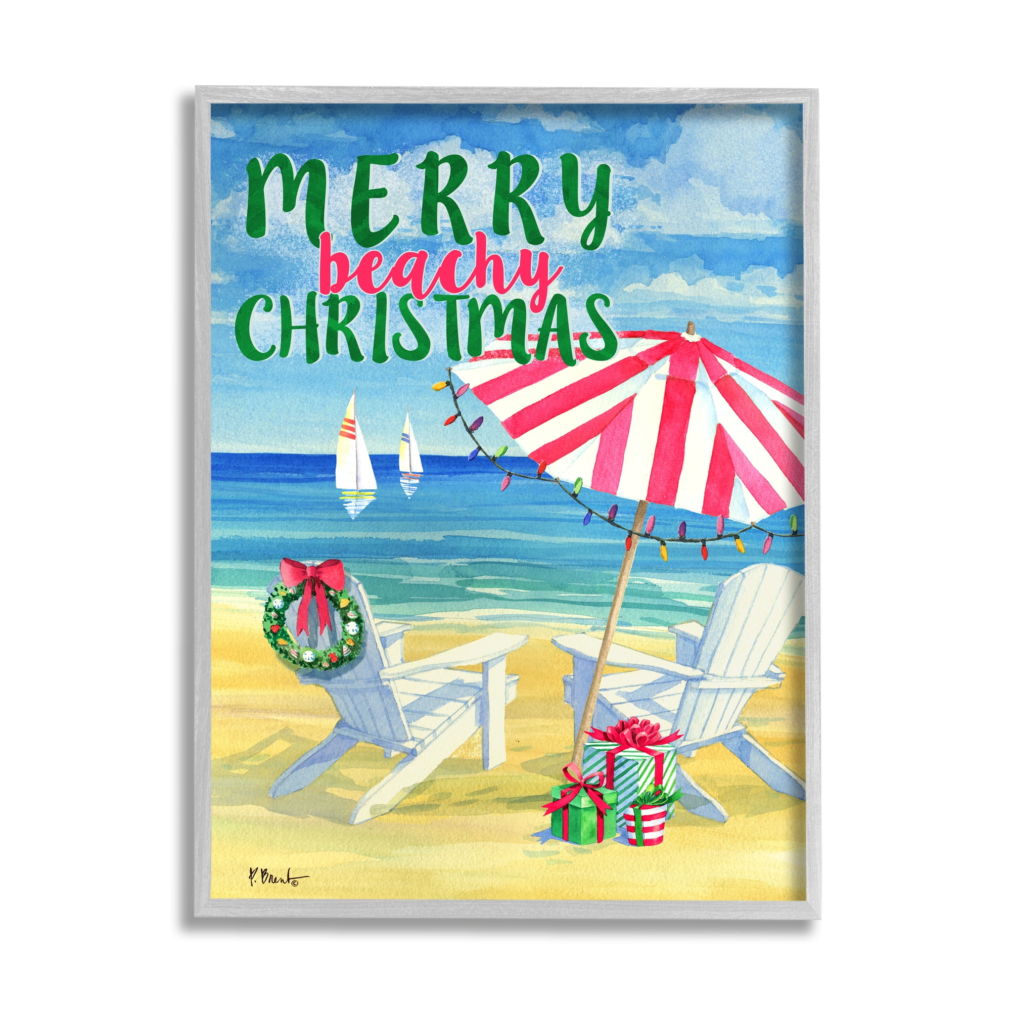 Stupell Industries Merry Beachy Christmas Holiday Painting Gray Framed Art Print Wall Art, 24 x 30