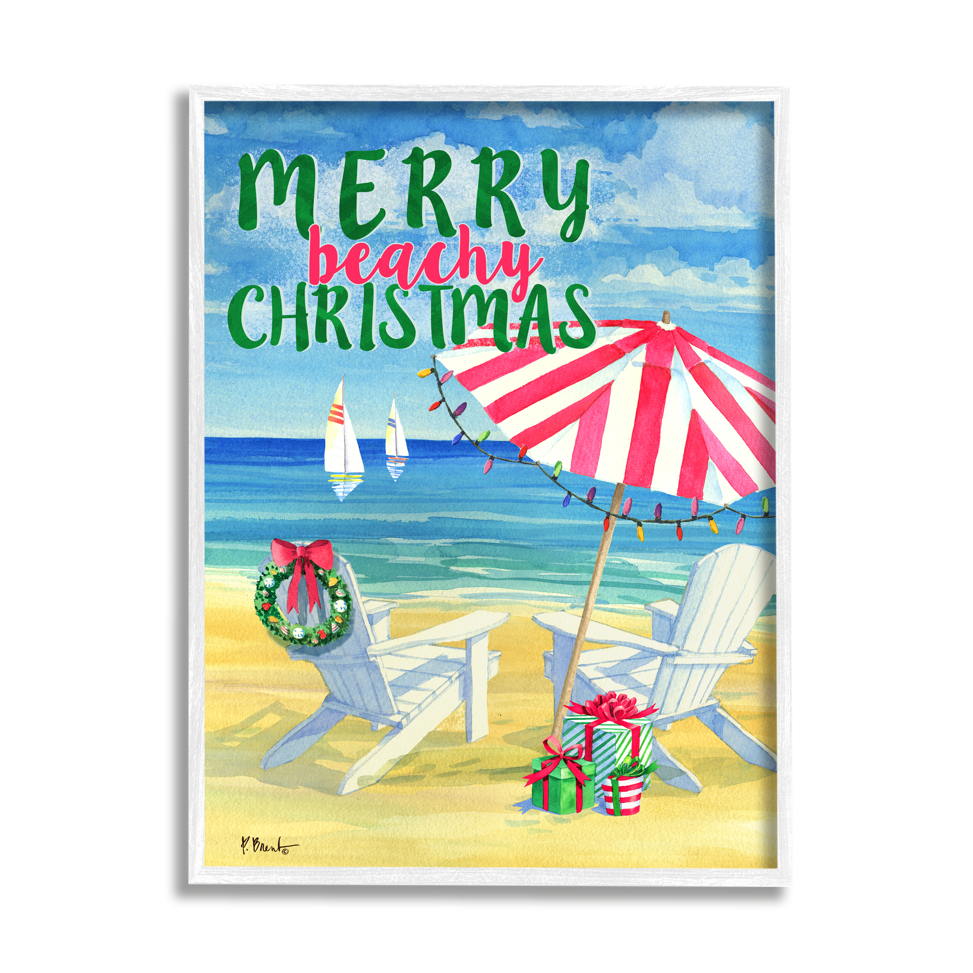 Stupell Industries Merry Beachy Christmas Holiday Painting White Framed Art Print Wall Art, 11 x 14