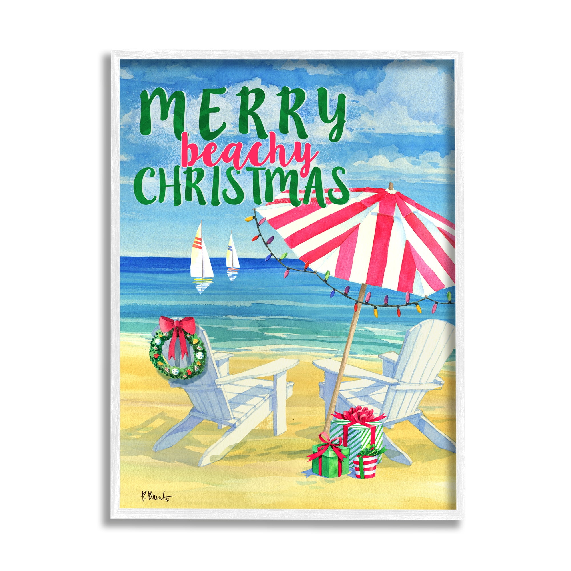 Stupell Industries Merry Beachy Christmas Holiday Painting White Framed Art Print Wall Art, 24 x 30