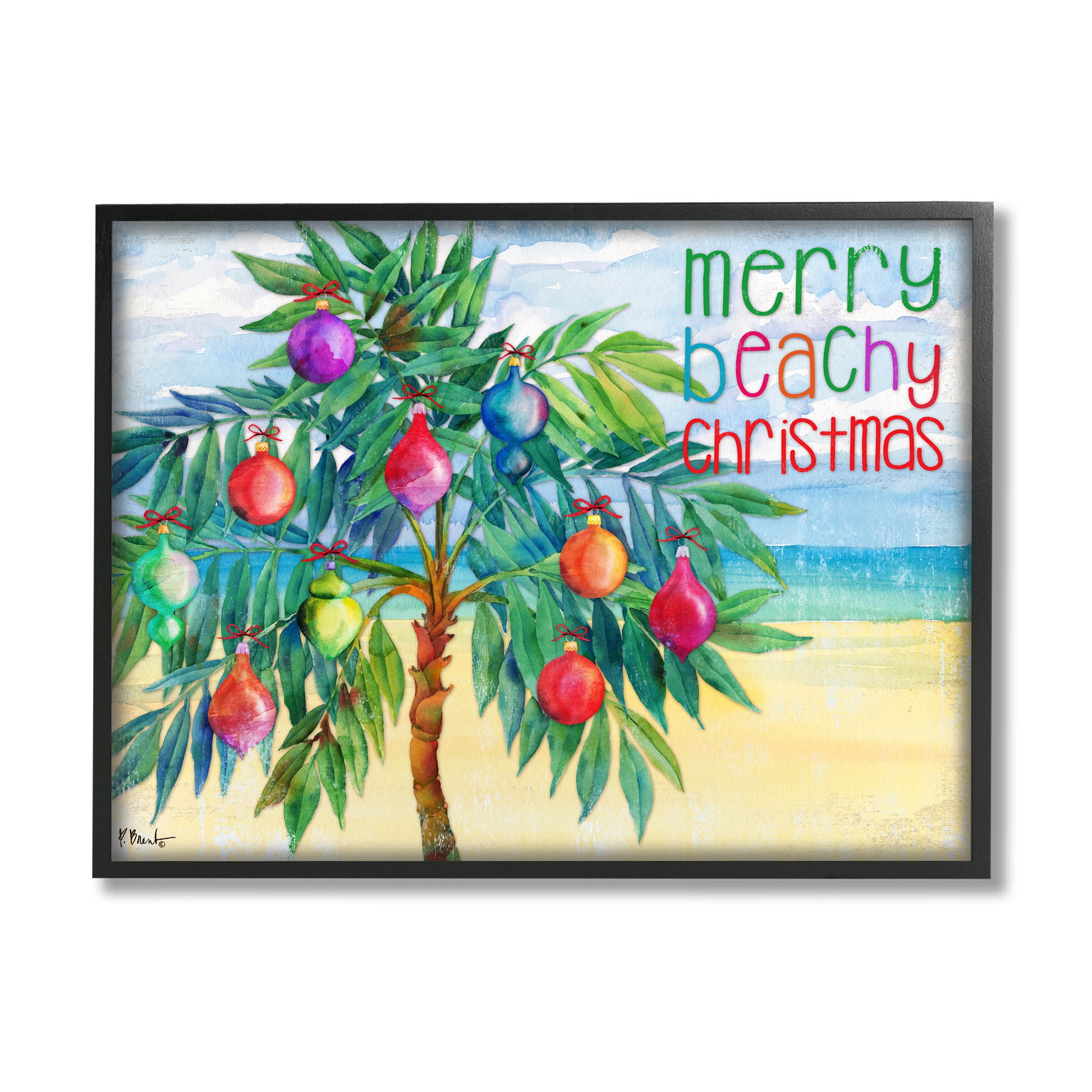 Stupell Industries Merry Beachy Christmas Holiday Palm Graphic Art Black Framed Art Print Wall Art, Design by Paul Brent