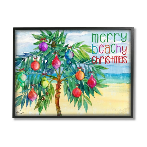 Stupell Industries Merry Beachy Christmas Holiday Palm Graphic Art Black Framed Art Print Wall Art, Design by Paul Brent