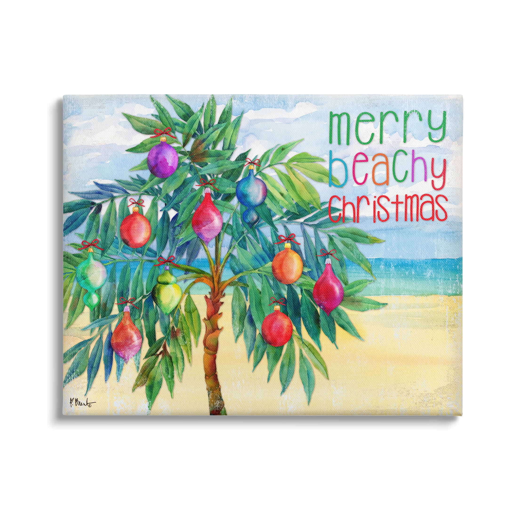 Merry Beachy Christmas Coastal Canvas Art with Wooden Frame