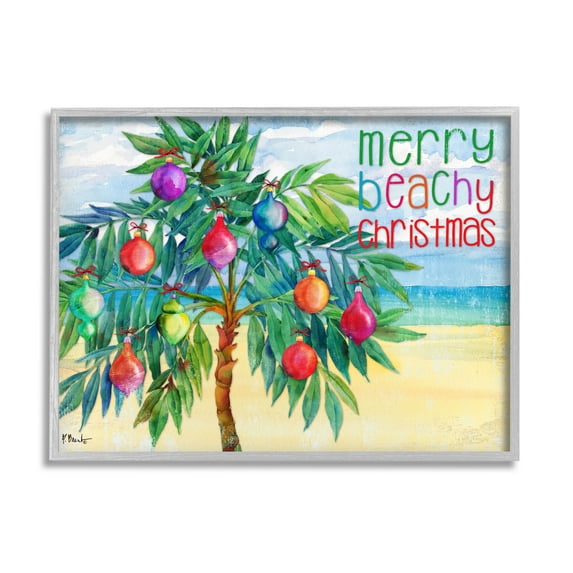 Stupell Industries Merry Beachy Christmas Holiday Palm Graphic Art Gray Framed Art Print Wall Art, Design by Paul Brent