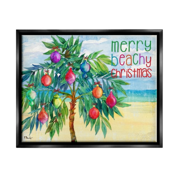 Stupell Industries Merry Beachy Christmas Holiday Palm Graphic Art Jet Black Floating Framed Canvas Print Wall Art, Design by Paul Brent