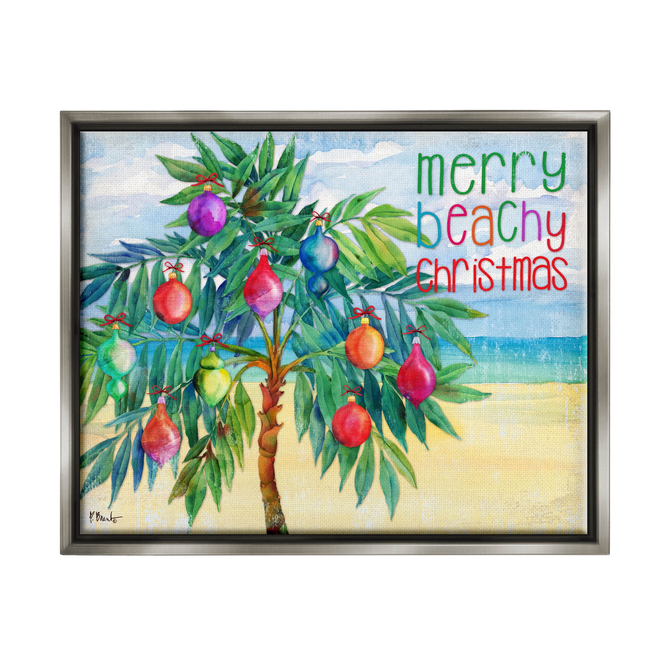 Stupell Industries Merry Beachy Christmas Holiday Palm Graphic Art Luster Gray Floating Framed Canvas Print Wall Art, Design by Paul Brent