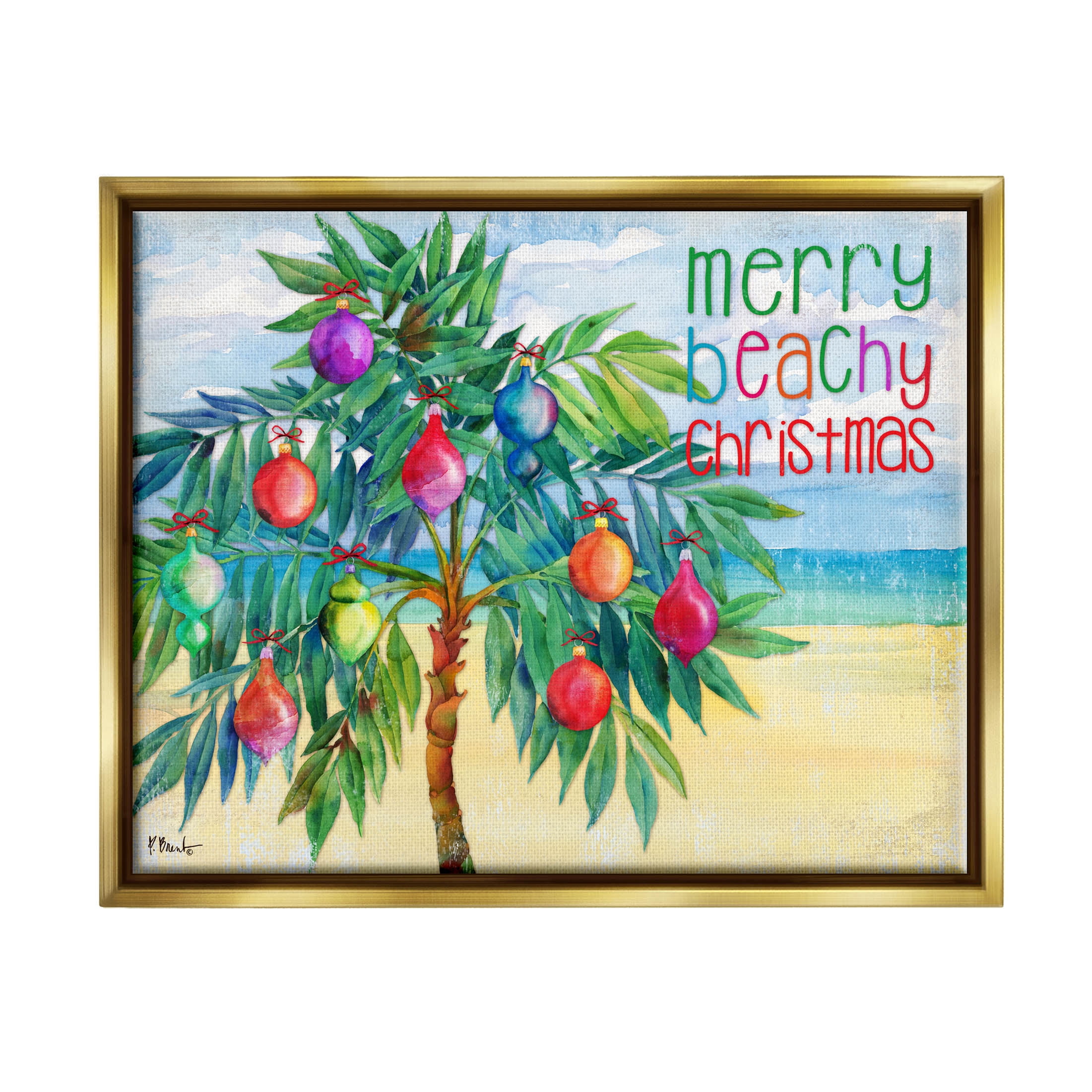 Stupell Industries Merry Beachy Christmas Holiday Palm Graphic Art Metallic Gold Floating Framed Canvas Print Wall Art, Design by Paul Brent