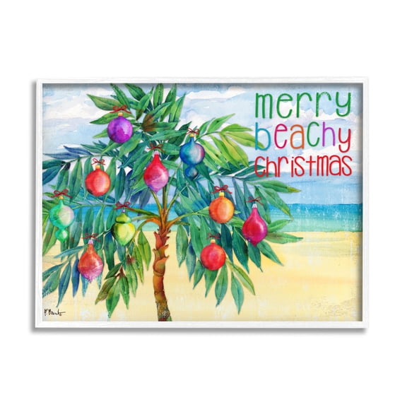 Stupell Industries Merry Beachy Christmas Holiday Palm Graphic Art White Framed Art Print Wall Art, Design by Paul Brent