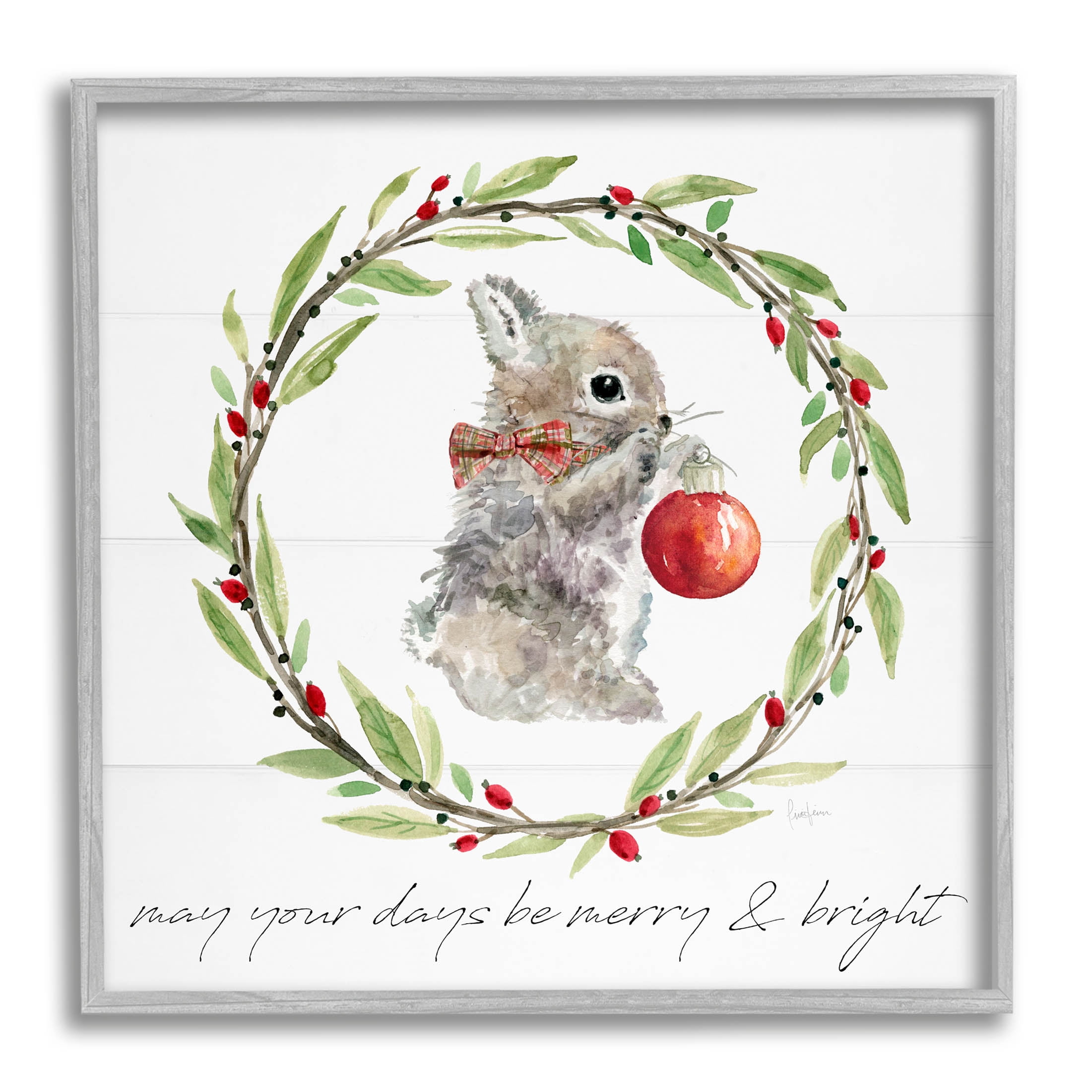 Stupell Industries Merry & Bright Bunny Wreath Graphic Art Gray Framed Art Print Wall Art, Design by Livi Finn
