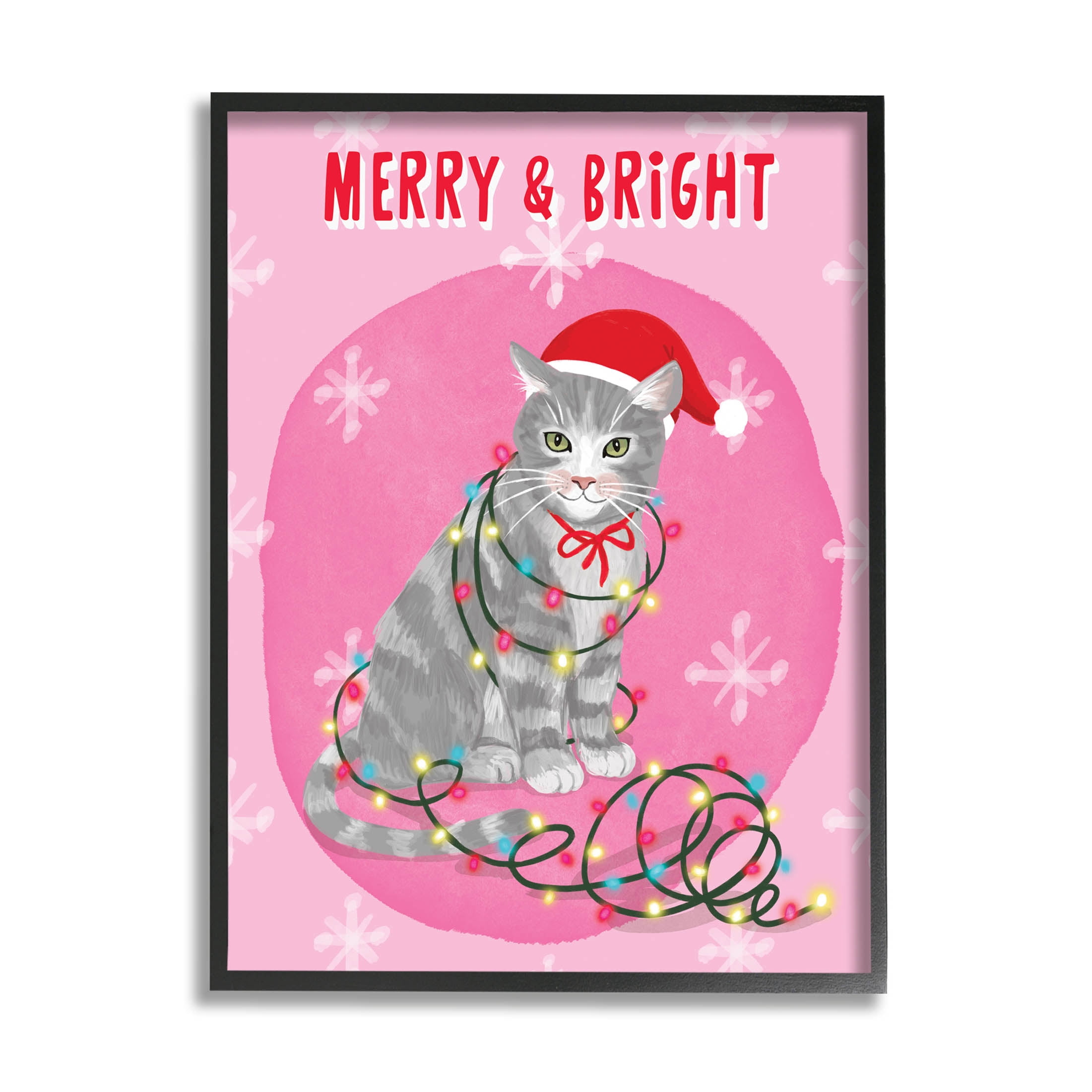 Stupell Industries Merry & Bright Christmas Cat Lights Graphic Art Black Framed Art Print Wall Art, Design by Be Ni La
