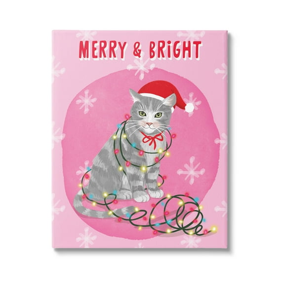 Stupell Industries Merry & Bright Christmas Cat Lights Graphic Art Gallery Wrapped Canvas Print Wall Art, Design by Be Ni La