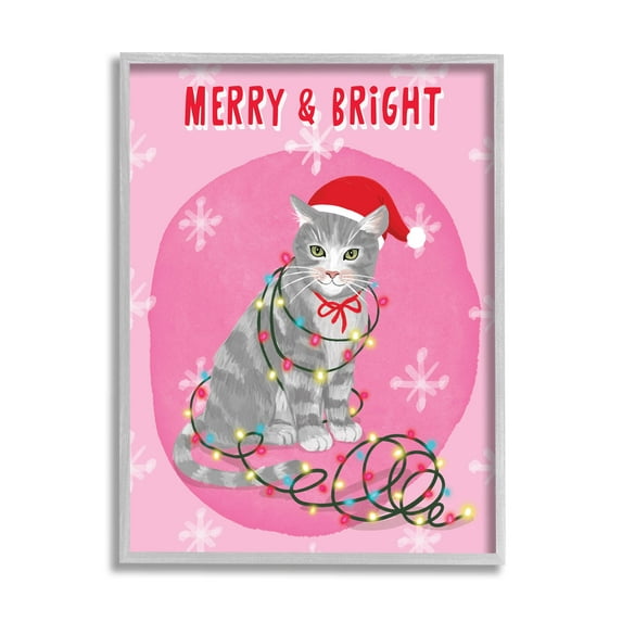Stupell Industries Merry & Bright Christmas Cat Lights Graphic Art Gray Framed Art Print Wall Art, Design by Be Ni La