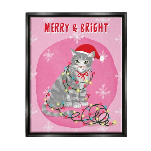 Stupell Industries Merry & Bright Christmas Cat Lights Graphic Art Jet Black Floating Framed Canvas Print Wall Art, Design by Be Ni La