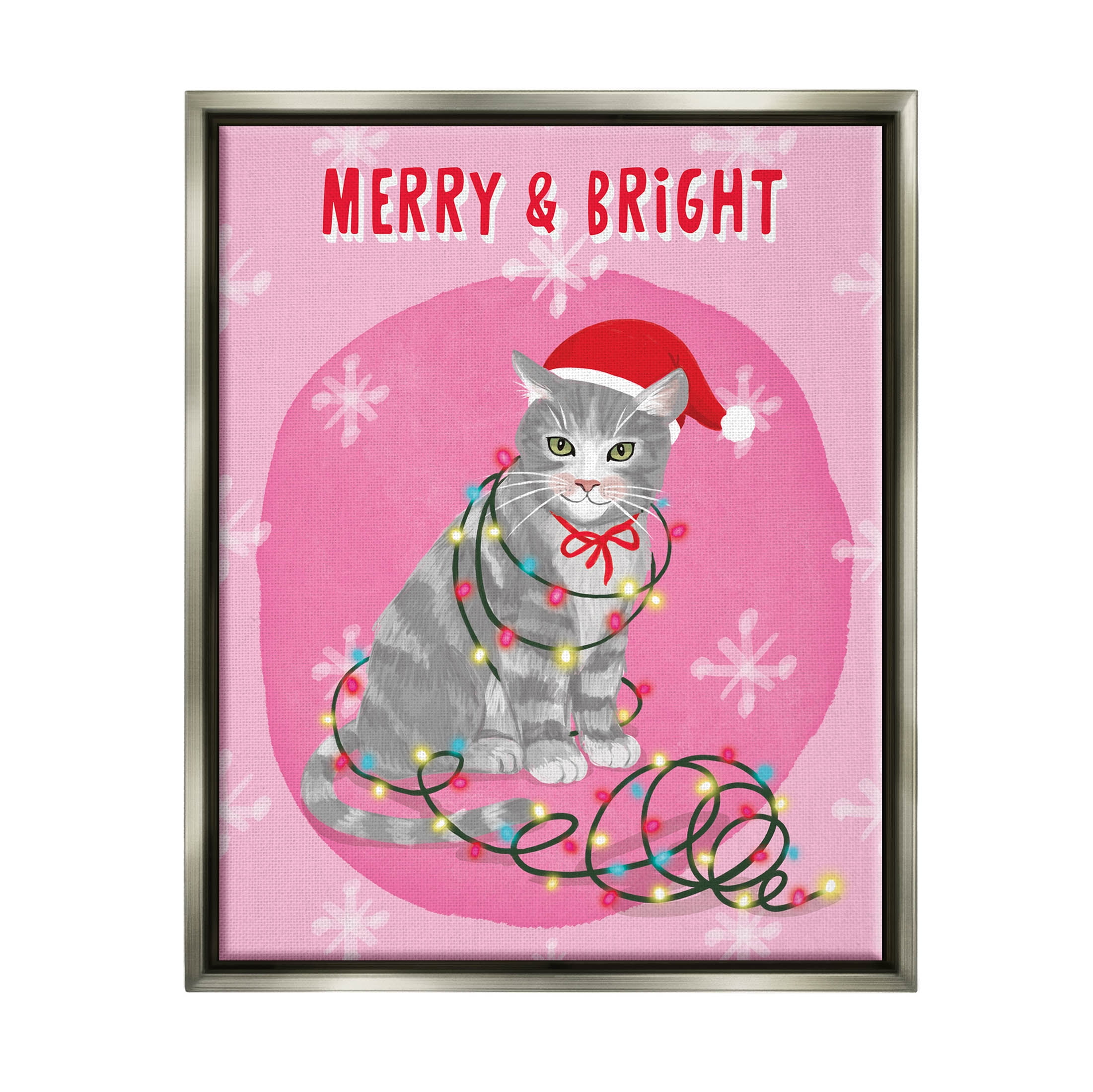 Stupell Industries Merry & Bright Christmas Cat Lights Graphic Art Luster Gray Floating Framed Canvas Print Wall Art, Design by Be Ni La